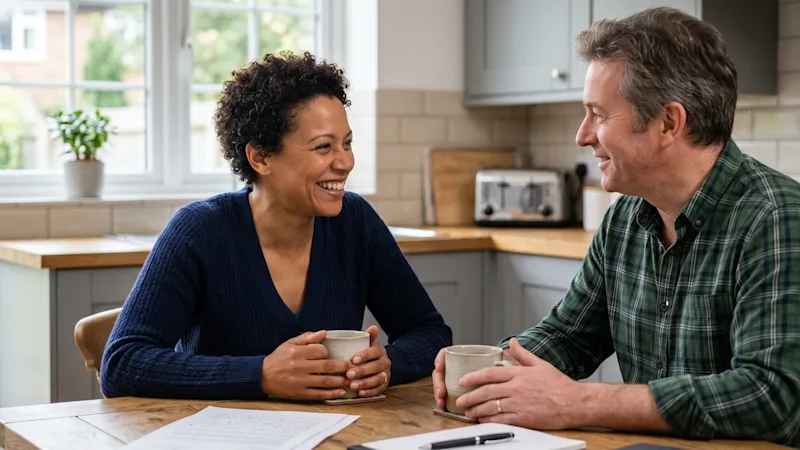 Two adults discussing Lasting Power of Attorney documents at a kitchen table