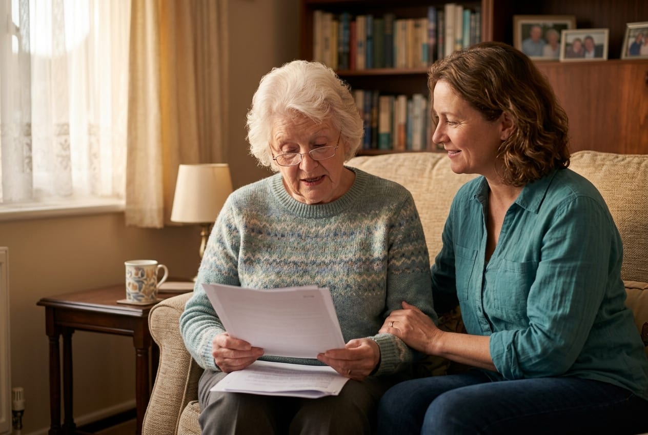 A daughter and her elderly mother reading a printed form together on the living room sofa.
