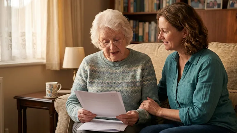 A daughter and her elderly mother reading a printed form together on the living room sofa.