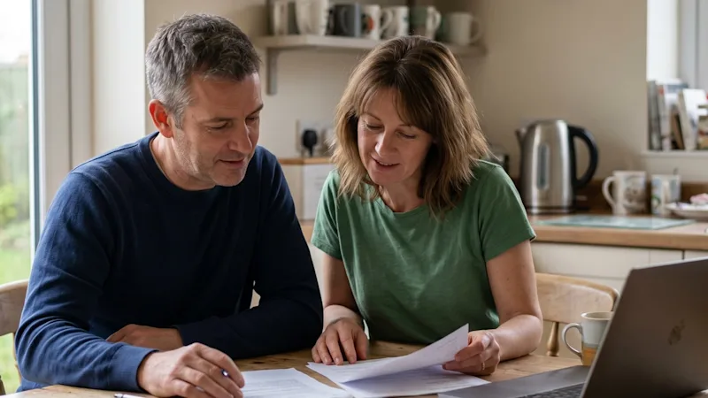 A couple reviewing lasting power of attorney documents together at their kitchen table