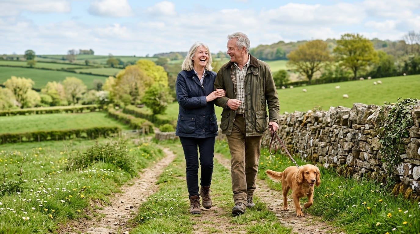 A couple in their sixties walking a spaniel arm in arm along a countryside footpath beside a dry-stone wall.