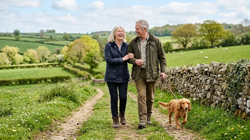 A couple in their sixties walking a spaniel arm in arm along a countryside footpath beside a dry-stone wall.