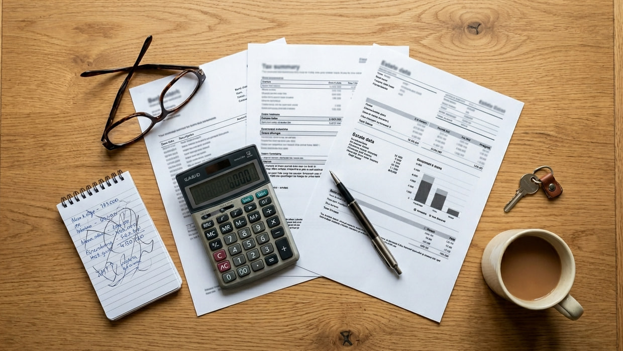 Estate paperwork, a calculator and reading glasses laid out on a kitchen table while working out an inheritance tax bill