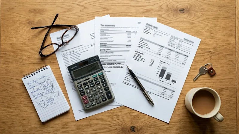 Estate paperwork, a calculator and reading glasses laid out on a kitchen table while working out an inheritance tax bill