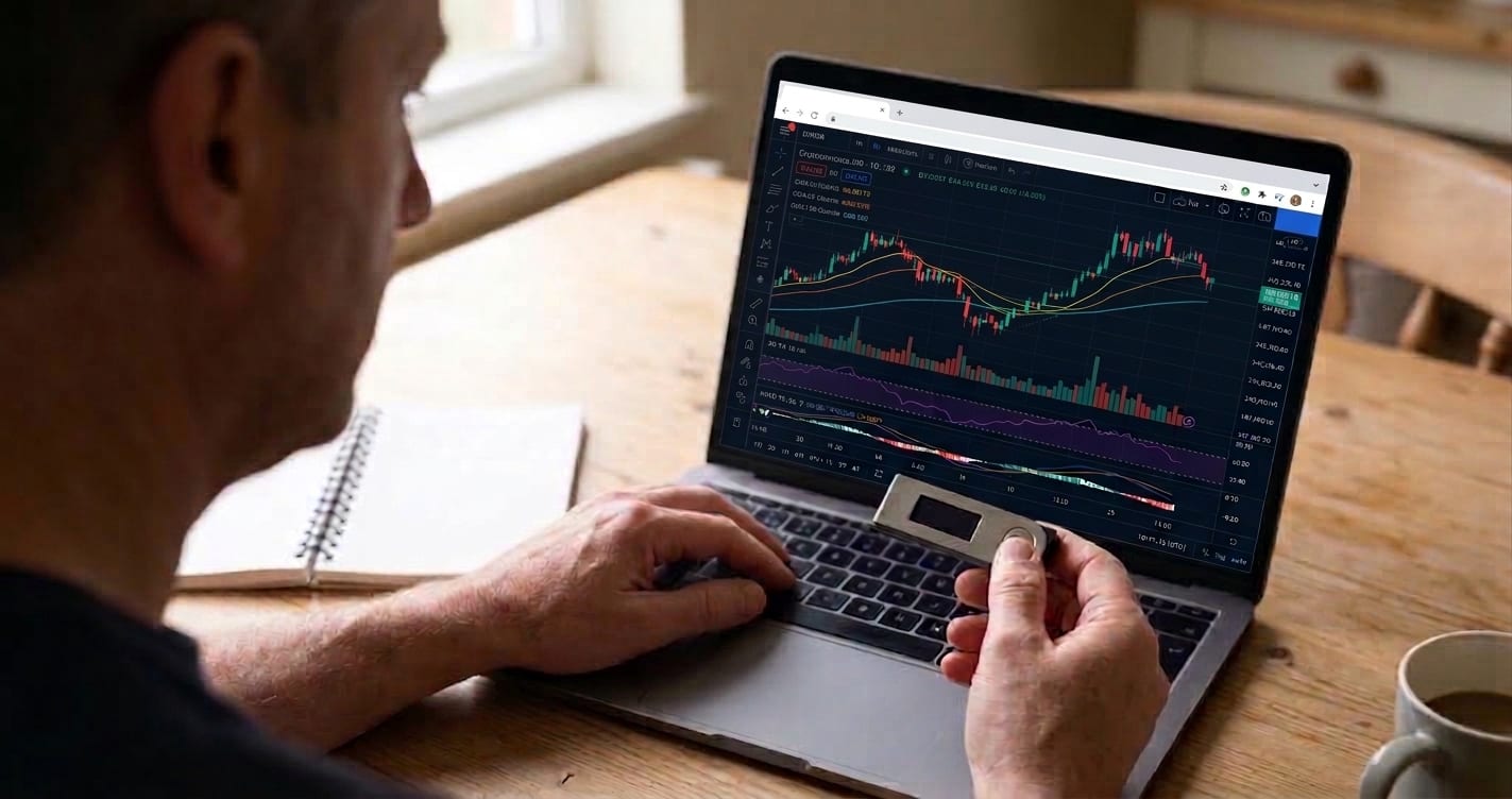 A man at a kitchen table holding a hardware crypto wallet while looking at a price chart on his laptop