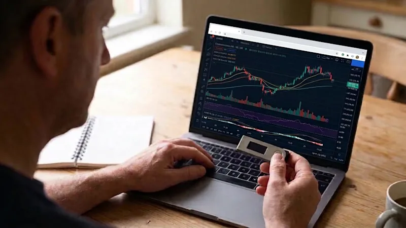 A man at a kitchen table holding a hardware crypto wallet while looking at a price chart on his laptop