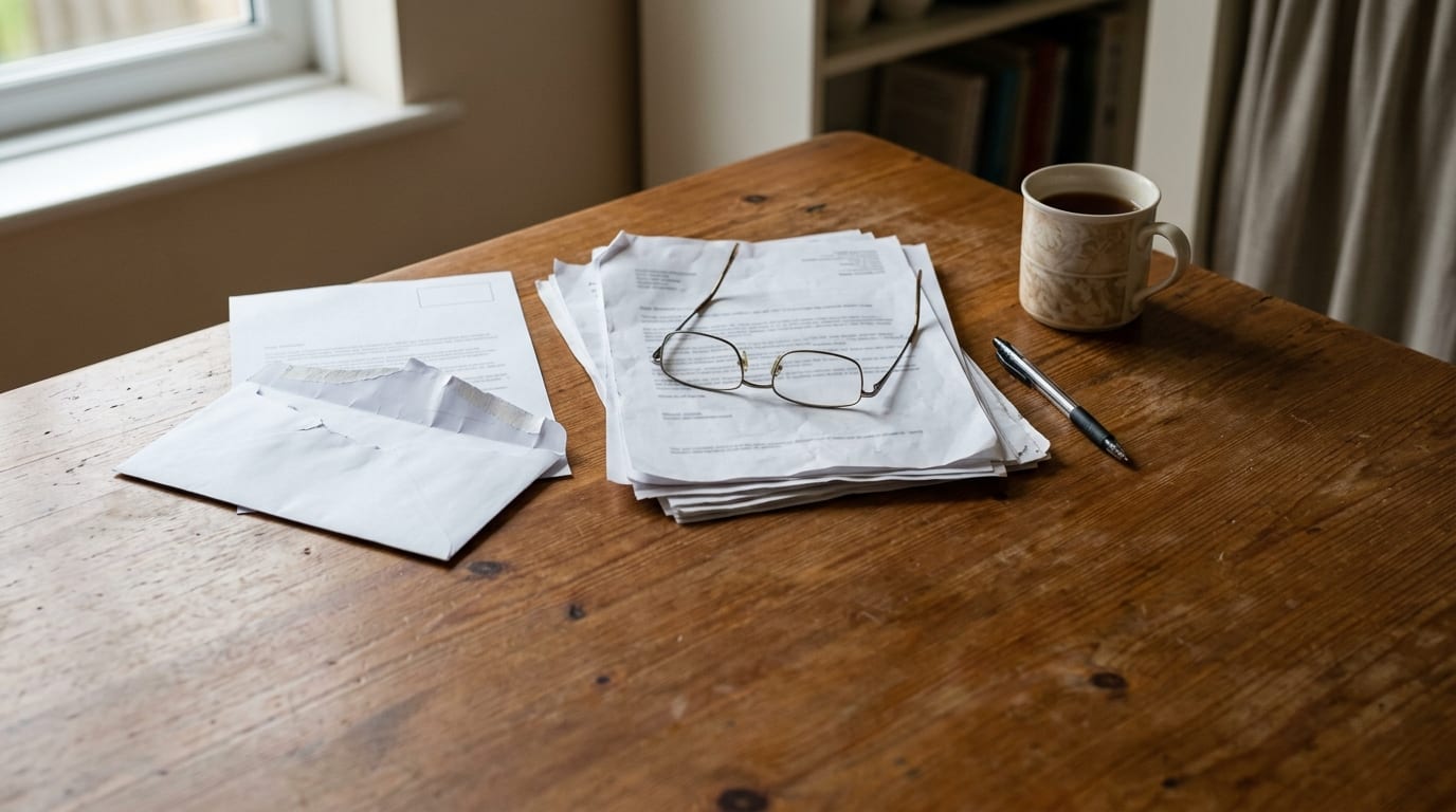 An opened letter, printed paperwork and reading glasses on a kitchen table, alongside a pen and a mug of tea.