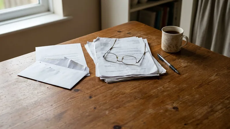 An opened letter, printed paperwork and reading glasses on a kitchen table, alongside a pen and a mug of tea.