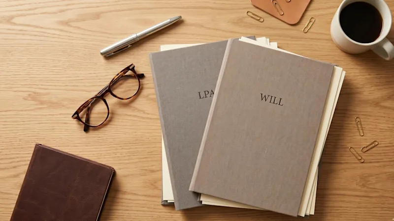 A clean, professional overhead flat-lay of a wooden desk with reading glasses, a silver pen, and folders labeled Will and LPA.