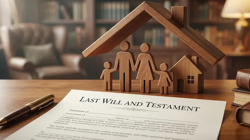 A symbolic representation of a Last Will and Testament acting as a protective wooden canopy over a family, including a small house and figurines.