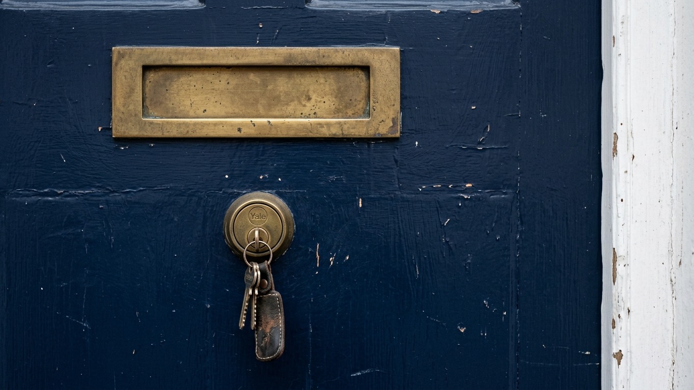 A navy blue front door on a British home, with a brass letterbox and a set of keys left in the lock
