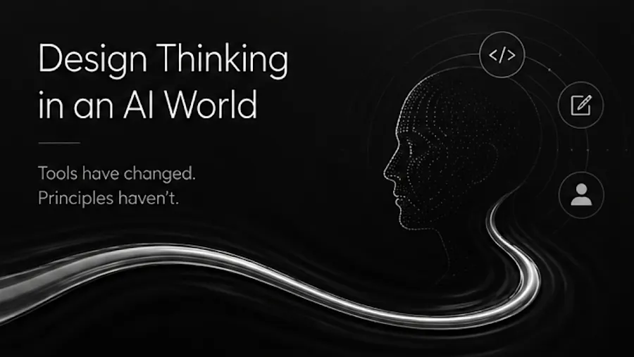 Design thinking in an AI world, the tools have changed but the principals have not. Code, design, and UX experience, black and grey.