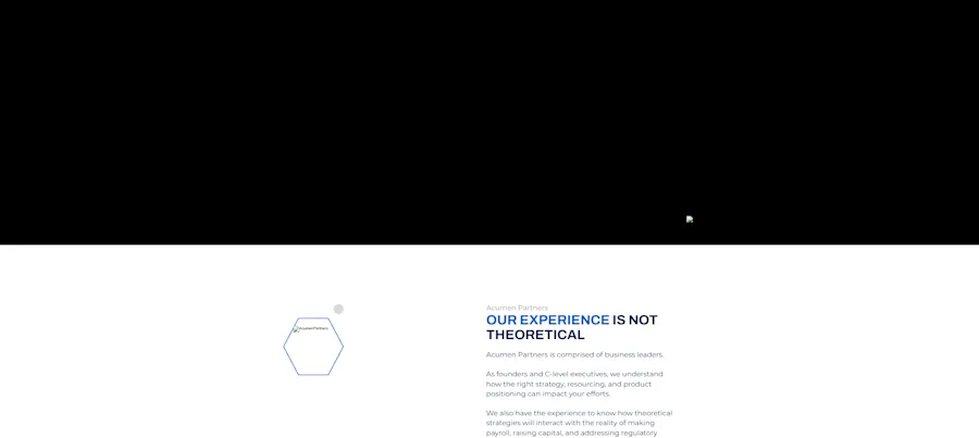 The old homepage opened on a nearly empty black hero with a broken logo image where the brand should have been. For a firm selling commercial execution, the first screen communicated the opposite: missing photography, dead image links, and no story about who the site was for.