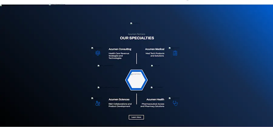 The old “Our Specialties” section tried to present four practice areas around a hexagon diagram — but broken image placeholders sat where every icon and logo belonged, leaving a dark grid of labels with nothing to anchor them. Capability claims with visibly broken proof.