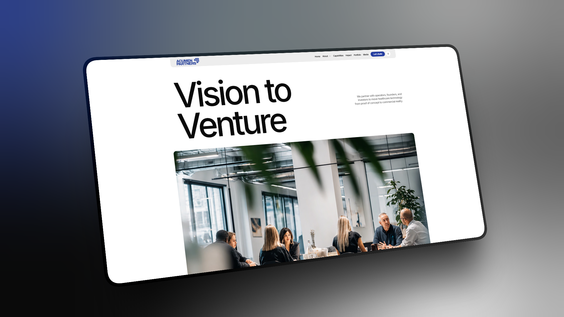 The redesigned acumen.partners homepage — the Vision to Venture hero on a blue-to-slate gradient backdrop.