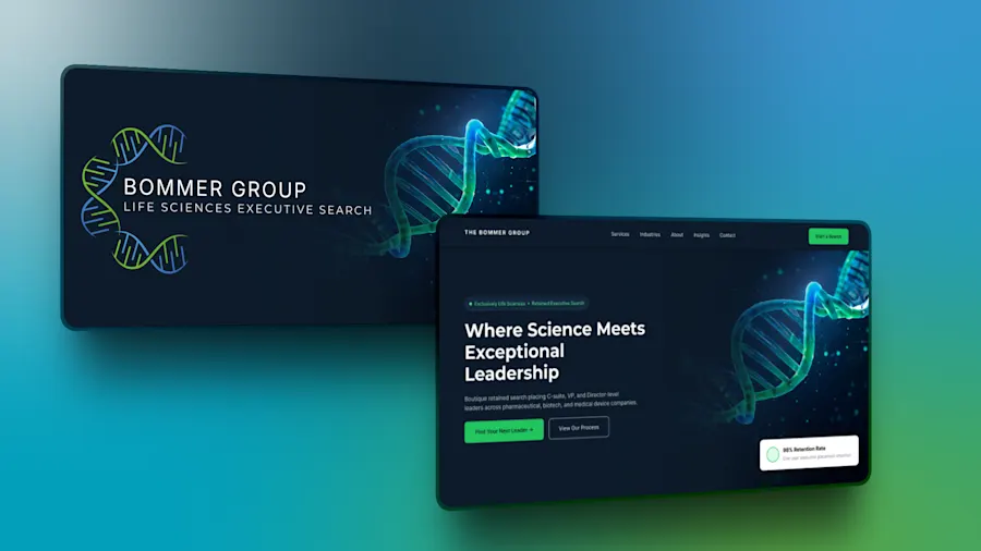 The rebranded Bommer Group site on two screens: the brand card with the DNA mark and the client-first homepage with the Industries navigation open.