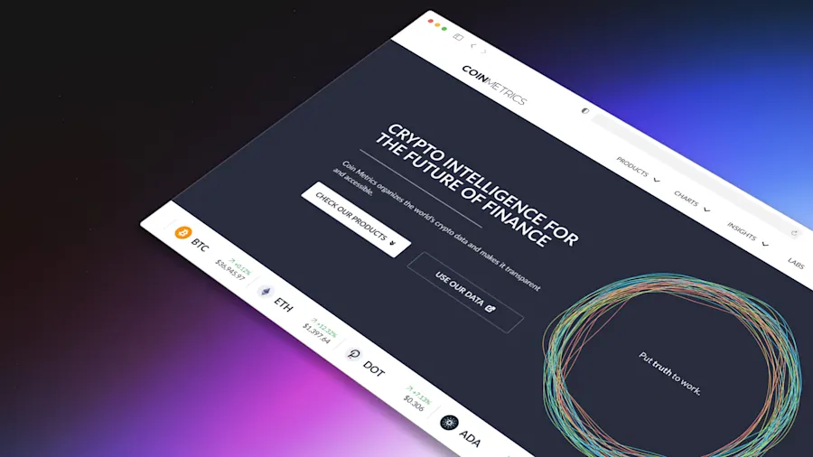 The Coin Metrics marketing site: “Crypto intelligence for the future of finance,” with the live asset ticker running the frame and the data-thread visual carrying the brand’s “Put truth to work” line.
