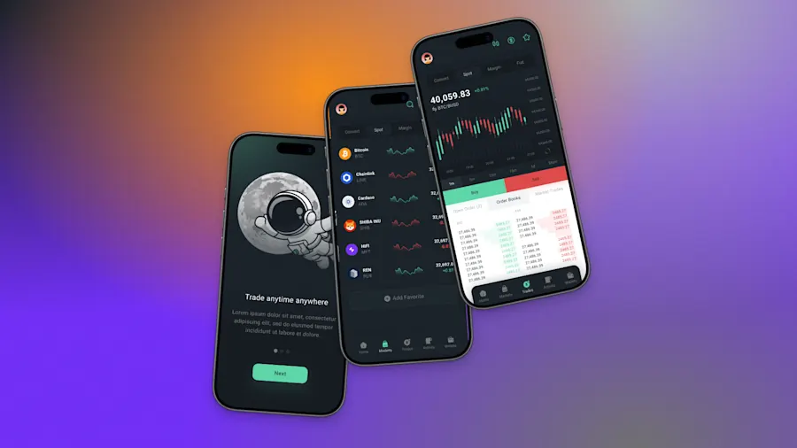 The Cryptic Trader concept across three phones: the astronaut onboarding, the markets watchlist, and the spot-trading screen with candlesticks and live order books.