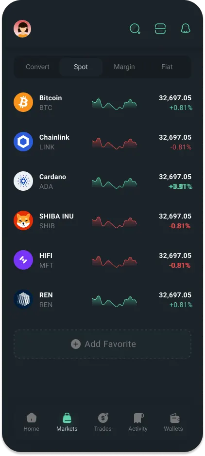 The watchlist keeps each row to exactly four facts: coin, sparkline, price, day change — with mint and red doing the semantic work so the eye scans direction before reading a single number.