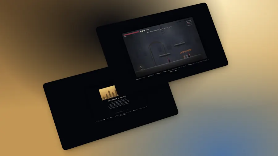 The Dark Lillies prototype on two screens: the Kingdom of Veloria story card, and gameplay — sense the corrupted, then choose: strike, or mercy.