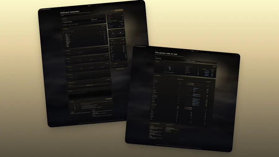 The Tarnished’s Archive on two screens: the build planner and the side-by-side comparison, in the tool’s candlelit gold-on-dark interface.