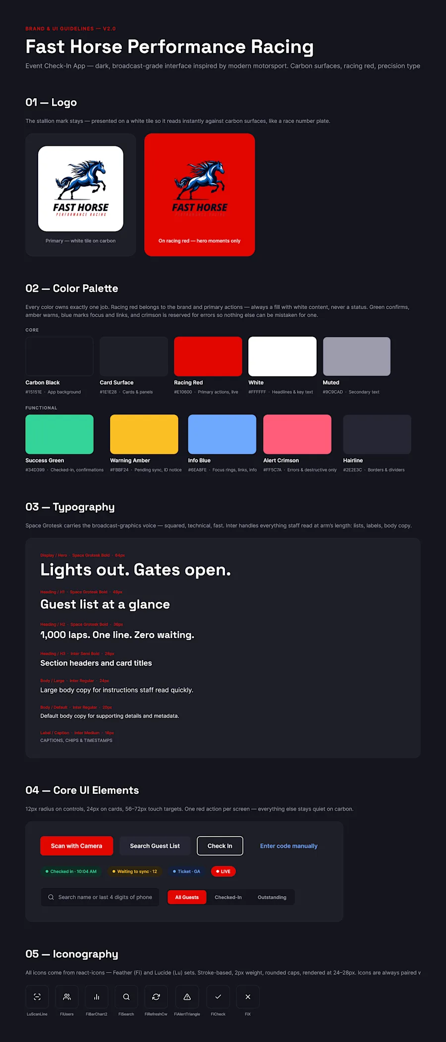 The system behind the screens: carbon surfaces with racing red reserved for primary actions only, Space Grotesk for the broadcast voice with Inter for everything staff read at arm’s length, 56–72px touch targets, and a one-red-action-per-screen rule.