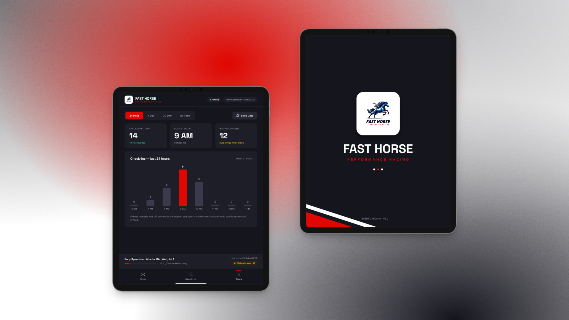 The Fast Horse check-in system on two iPads: the live stats dashboard and the splash screen, on the brand’s racing-red gradient.