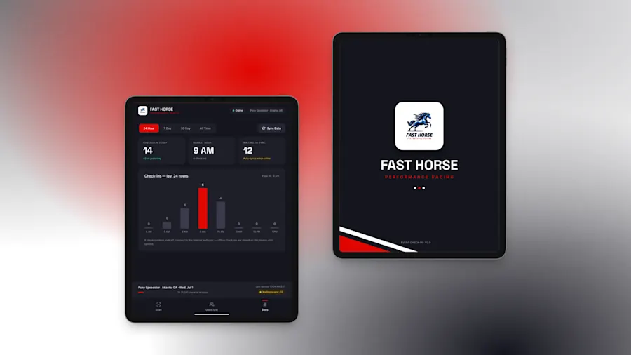 The Fast Horse check-in system on two iPads: the live stats dashboard and the splash screen, on the brand’s racing-red gradient.