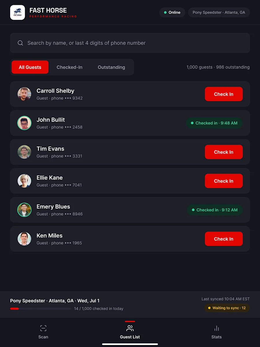 The screen staff live in. Search by name or the last four digits of a phone number — the fastest question to ask a stranger in a loud paddock — filter by outstanding, and check in with the single red action. The footer keeps the sync state honest at all times.