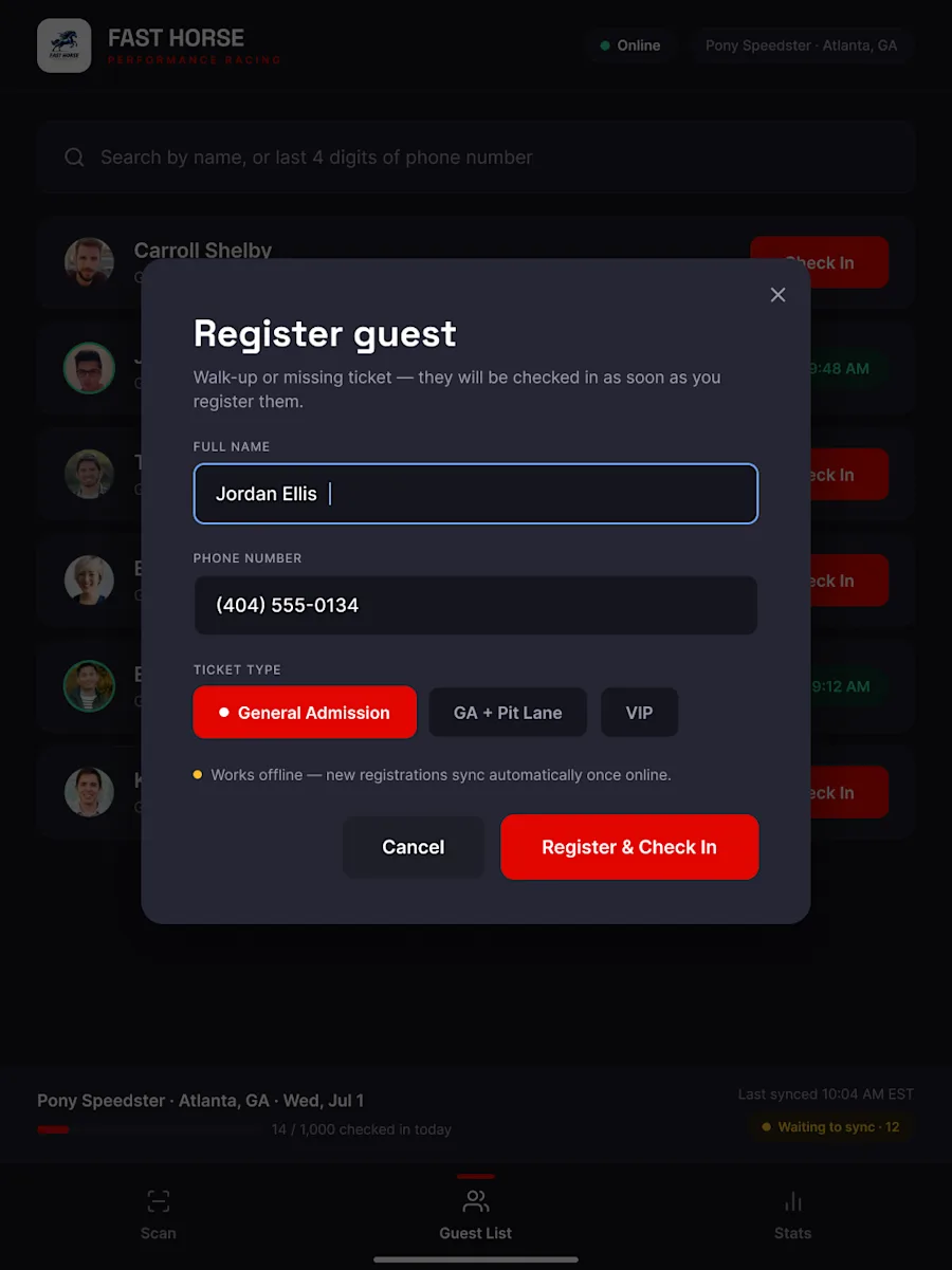 Walk-ups and missing tickets were the paper system’s biggest failure point. Here they are one modal: name, phone, ticket tier, and a combined register-and-check-in action — with the offline behavior stated in plain words right where doubt would creep in.