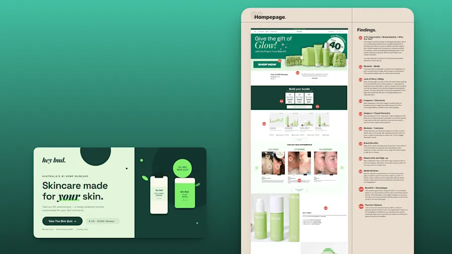 The HeyBud engagement on the brand’s deep green: the skin-quiz ad concept beside the annotated homepage audit.