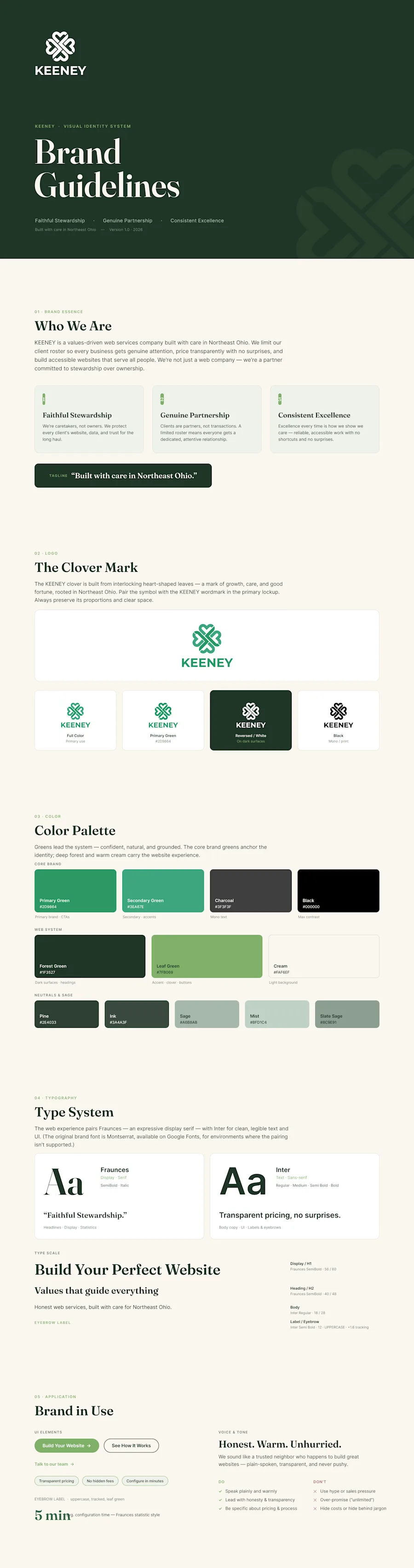 The Keeney identity system: the clover mark built from interlocking heart-shaped leaves, the green-led palette anchored by forest and warm cream, Fraunces paired with Inter, and a voice defined as honest, warm, and unhurried.
