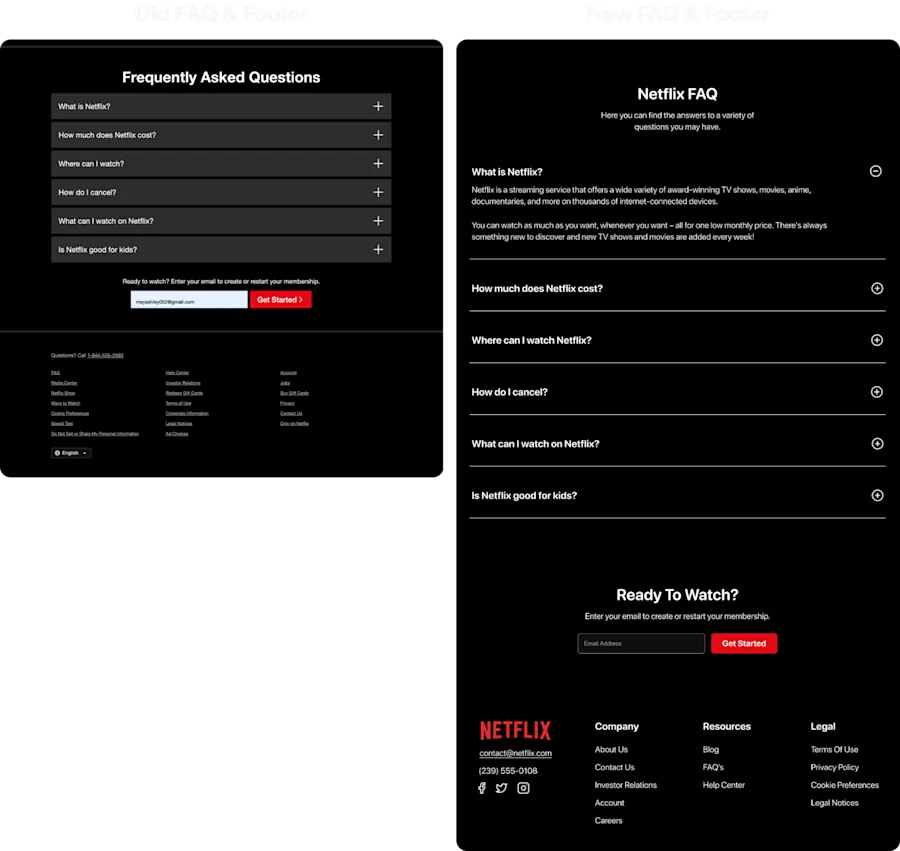 The old FAQ answered questions behind closed boxes, and the footer poured thirty undifferentiated links into three anonymous columns. The redesign opens the first answer by default, gives every question room to breathe, rebuilds the closing call to action as a moment of its own, and sorts the footer into Company, Resources, and Legal with real contact details.