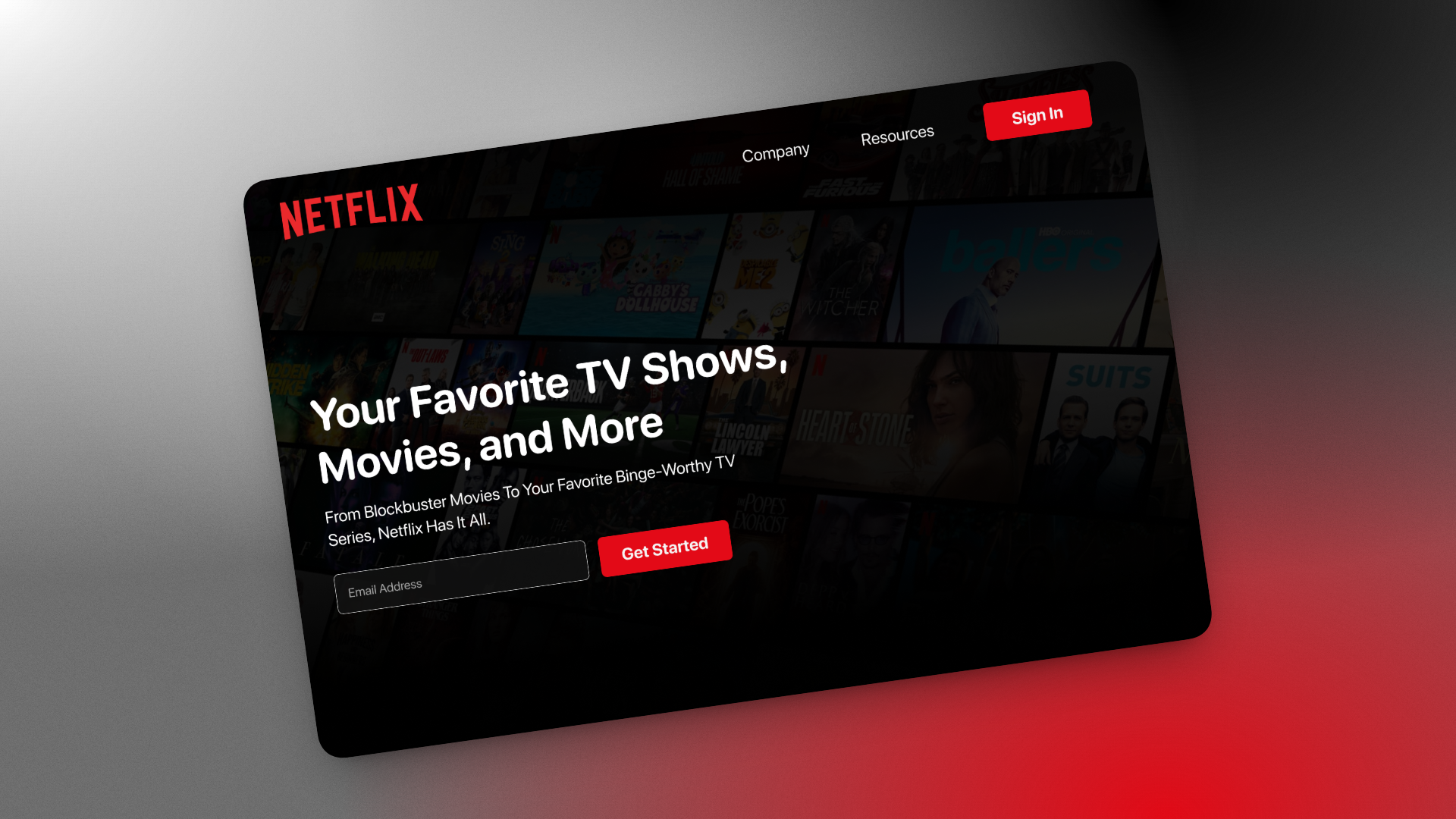 The redesigned Netflix landing hero on the study’s red-and-carbon gradient.
