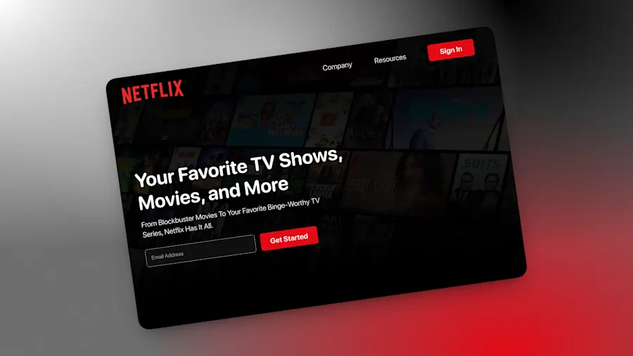 The redesigned Netflix landing hero on the study’s red-and-carbon gradient.