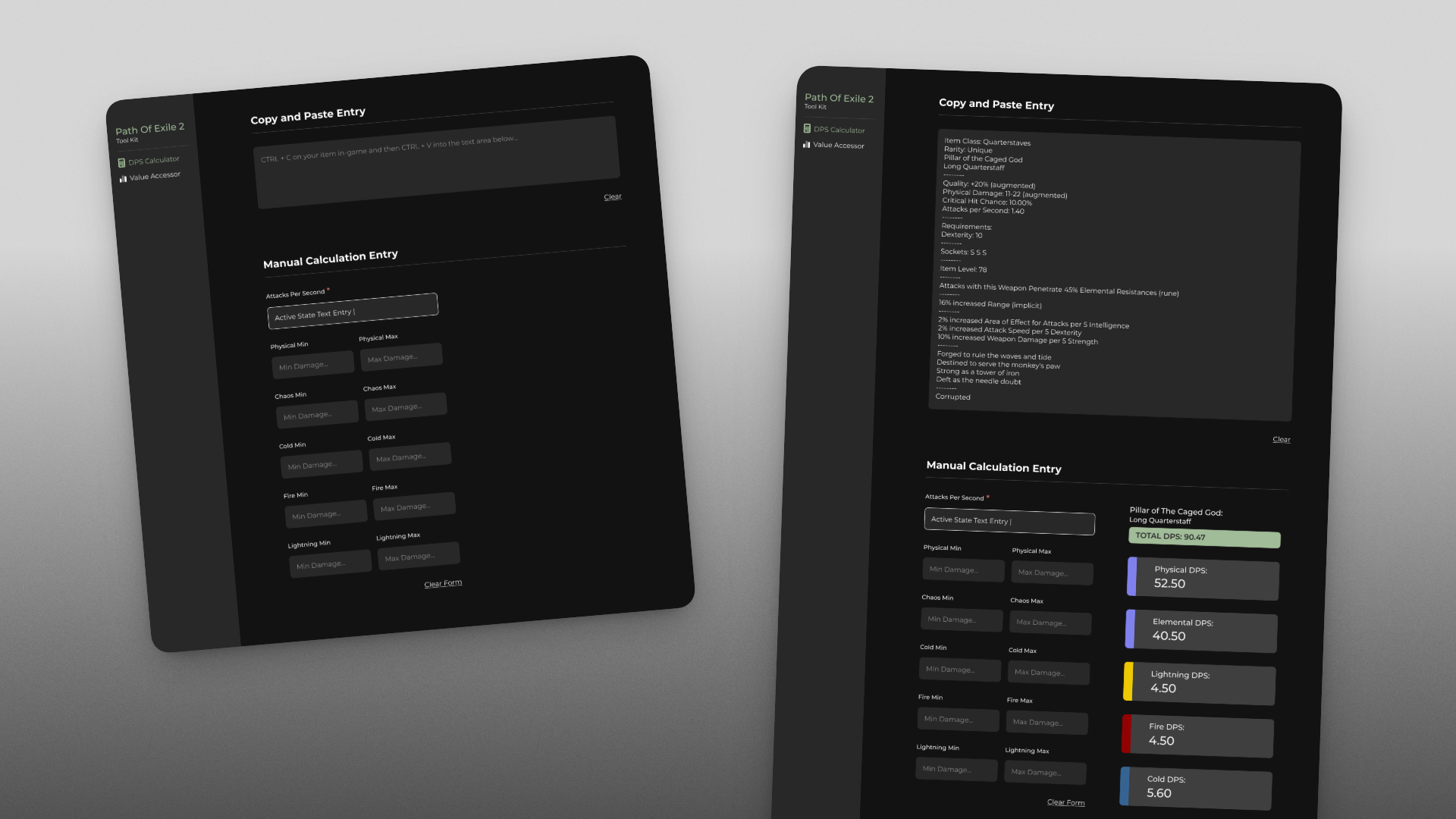The DPS calculator in both states: empty on load, and fully expanded after pasting an in-game item — parsed stats on the left, the color-coded damage breakdown on the right.