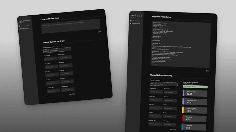 The DPS calculator in both states: empty on load, and fully expanded after pasting an in-game item — parsed stats on the left, the color-coded damage breakdown on the right.