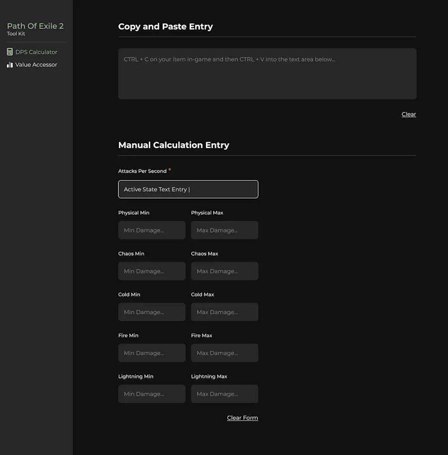 The empty state teaches the fastest path in one placeholder line: copy your item in-game, paste it here. Manual entry waits below for theorycrafting numbers that don’t exist on an item yet.