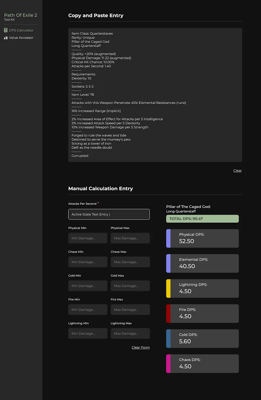 One paste later: the raw item text parses into a full damage profile — total DPS up top, then each damage type in its own color so a weapon’s character reads at a glance, physical through chaos.