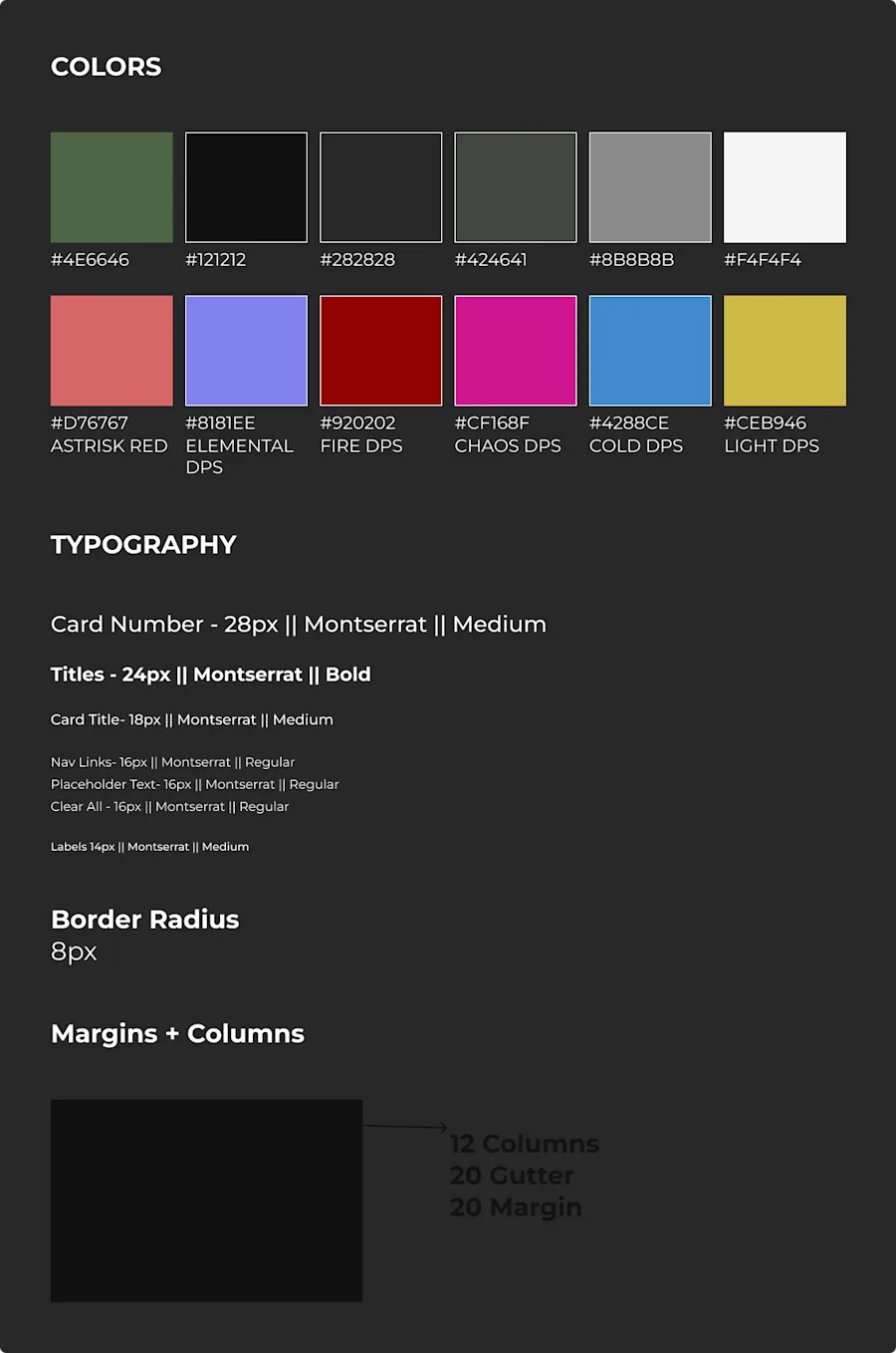 The system the build followed: a dark palette that defers to the game, one owned color per damage type — elemental, fire, chaos, cold, lightning — Montserrat across a strict size scale, 8px radius, and a 12-column grid with 20px gutters and margins.