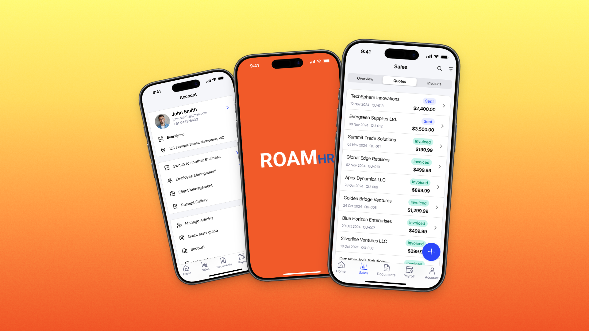 The RoamHR app on three phones — Account, the orange splash screen, and the Sales quotes pipeline — on the brand’s orange-to-yellow gradient.