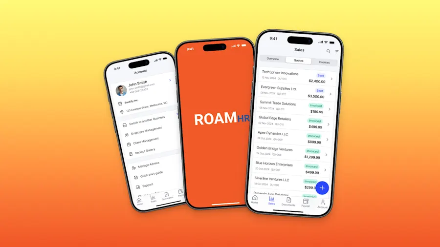 The RoamHR app on three phones — Account, the orange splash screen, and the Sales quotes pipeline — on the brand’s orange-to-yellow gradient.