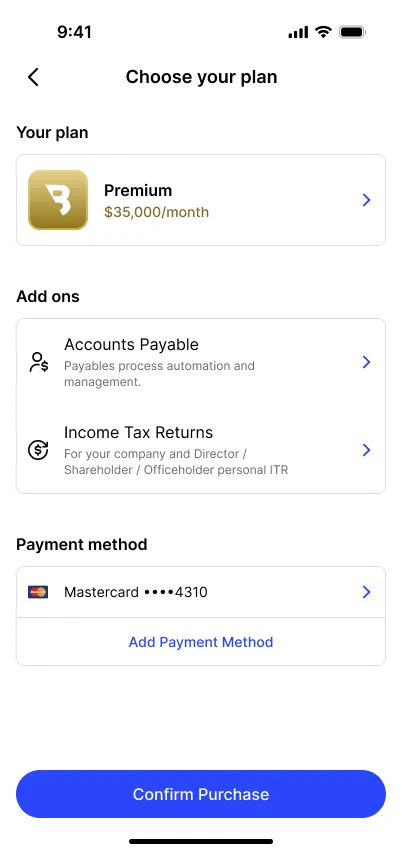 Checkout keeps the anatomy of the purchase visible on one screen: the chosen plan, à-la-carte add-ons like Accounts Payable and Income Tax Returns, and the stored payment method, all above a single Confirm Purchase action. Nothing hidden behind steps, nothing to second-guess.