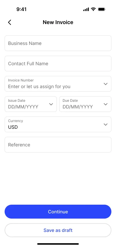 Invoicing is the product’s most repeated job, so the form fights for every removed keystroke: the invoice number can be auto-assigned, dates and currency are structured pickers instead of free text, and Save as draft is a first-class action for the invoice started on the train and finished at the desk.