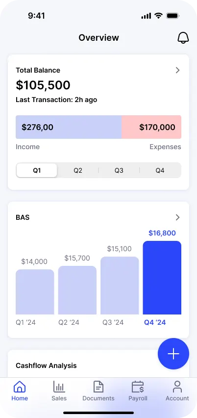 The home screen answers the question that follows every freelancer around: where do I actually stand? Total balance and the last transaction sit on top, income runs against expenses for the quarter, and the quarterly tax position is charted like a vital sign — the tax surprise this product exists to eliminate, made visible months before it is due.