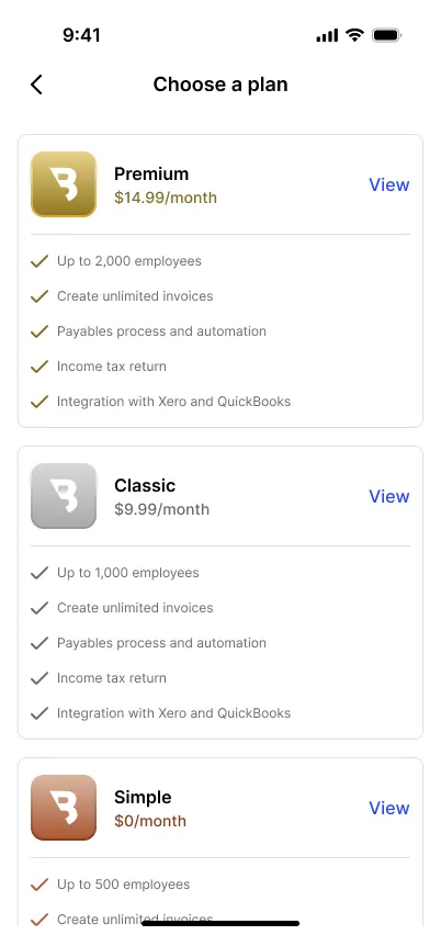 The plan cards lead with what freelancers actually compare — employee capacity, payables automation, tax returns, and Xero/QuickBooks integrations — laid out identically across tiers so the differences read at a glance. A free Simple tier lets the product prove itself before it costs anything.