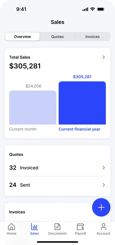 Sales collapses the earning side of the business into one view: total sales for the financial year against the current month, quotes tracked from sent to invoiced, and the invoice list a tap away. One segmented control — Overview, Quotes, Invoices — keeps three workflows in a single mental place.