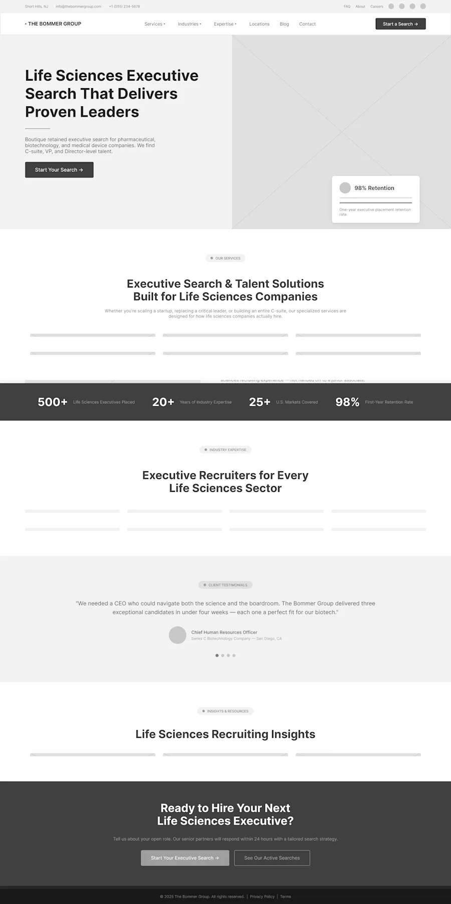 The grayscale V2 wireframe that locked the client-first structure before any visual design: hero with retention proof, services, the stat band, industry expertise, testimonials, and insights — the argument in skeleton form.