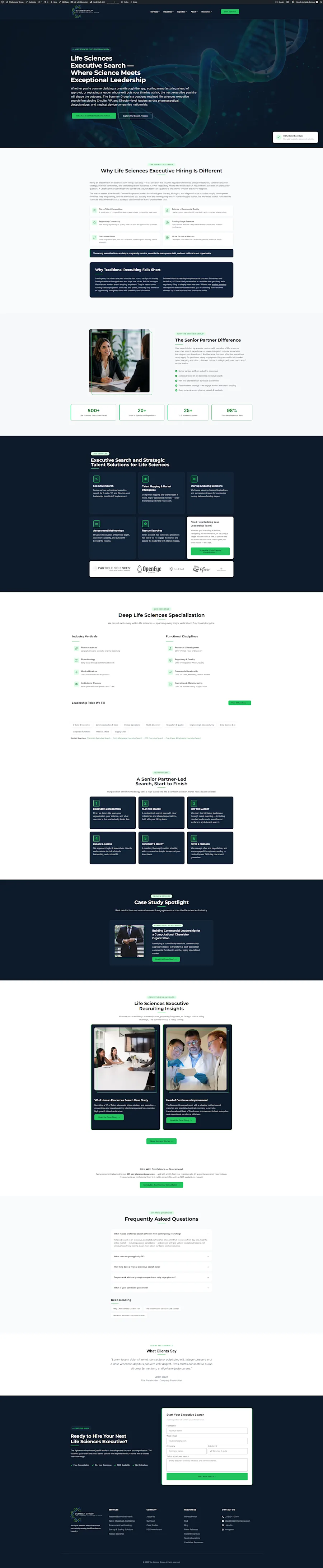 The rebuilt homepage speaks to one reader: the company hiring. It opens on the firm’s positioning, argues why life sciences executive hiring is different, proves it with placement stats competitors decline to publish, and routes visitors through Services, Industries, and Expertise hubs — an architecture built as much for search engines as for people.
