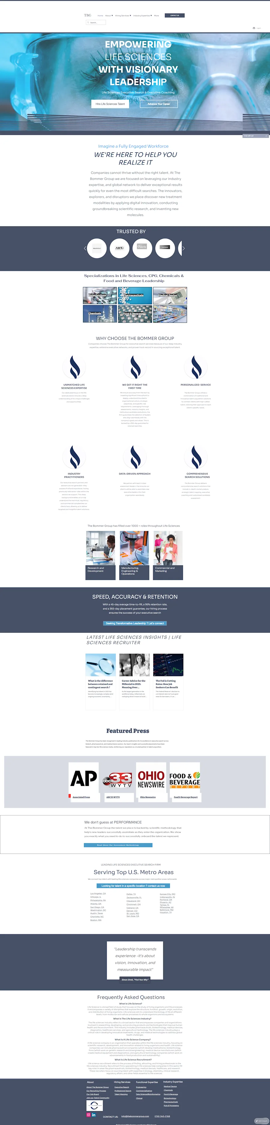 The old Squarespace homepage split its voice between two audiences — “Hire Life Sciences Talent” beside “Advance Your Career” — with stock lab photography standing in for a brand and the firm’s real proof scattered below the fold. Nothing was built for the executive deciding whether to trust a retained search.